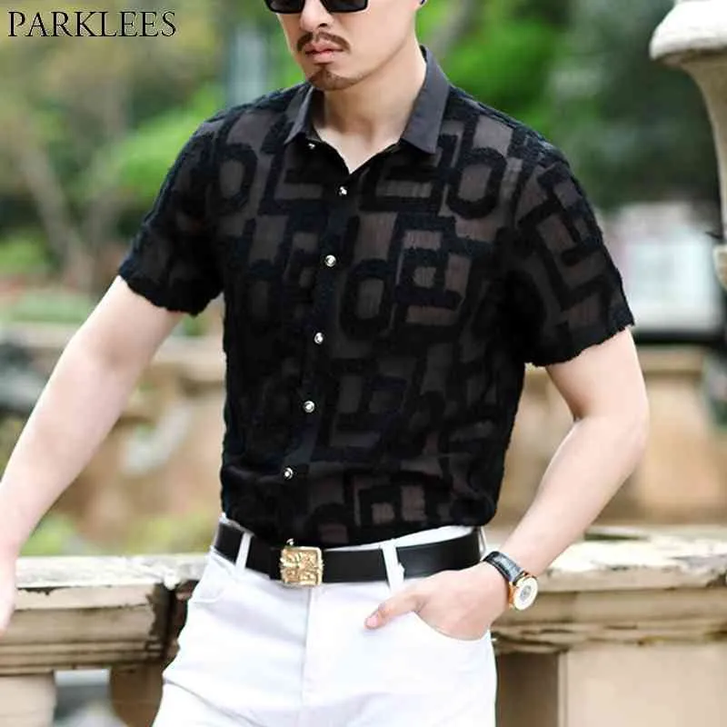 Luxe heren geometrische borduurwerk kant shirts sexy slanke fit See-through shirt mannen party event prom sociaal shirt voor mannelijke 210522