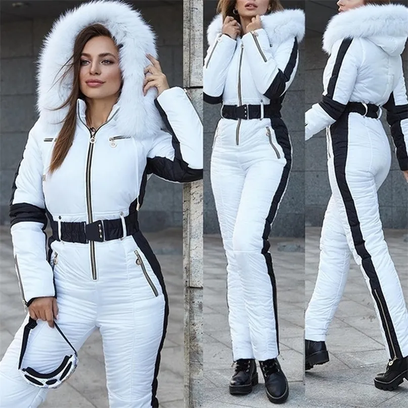 Ski Jumpsuit Women White with Black Insert Winter Suits Comfy Hooded Faux Fur Jacket fashion Warm Female Pants Suit Sets 220315