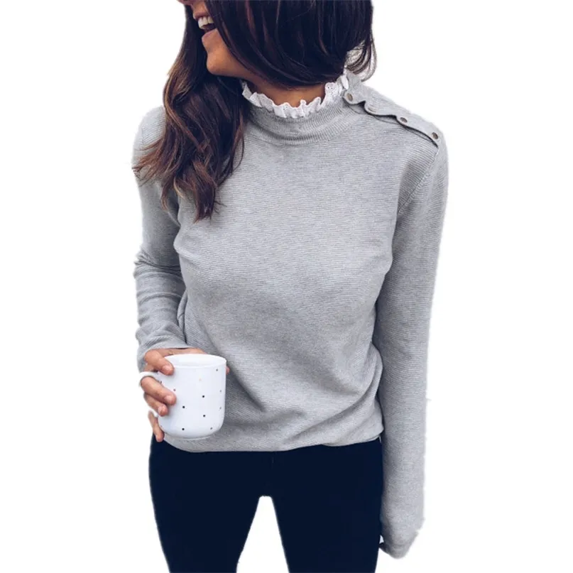 Lace Patchwork Turtleneck Knitted T Shirt Casual Solid Long Sleeve Women Elegant Autumn Winter T-shirt Slim Button Tees Tops 210507