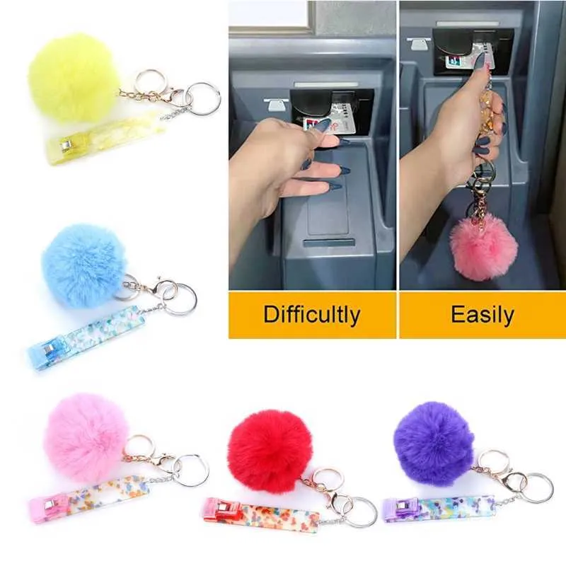 Extracteur de cartes de crédit en acrylique, 1 pièce, porte-clés avec Faux Pom, porte-clés pour clé de voiture, sac à dos, ornement suspendu G1019