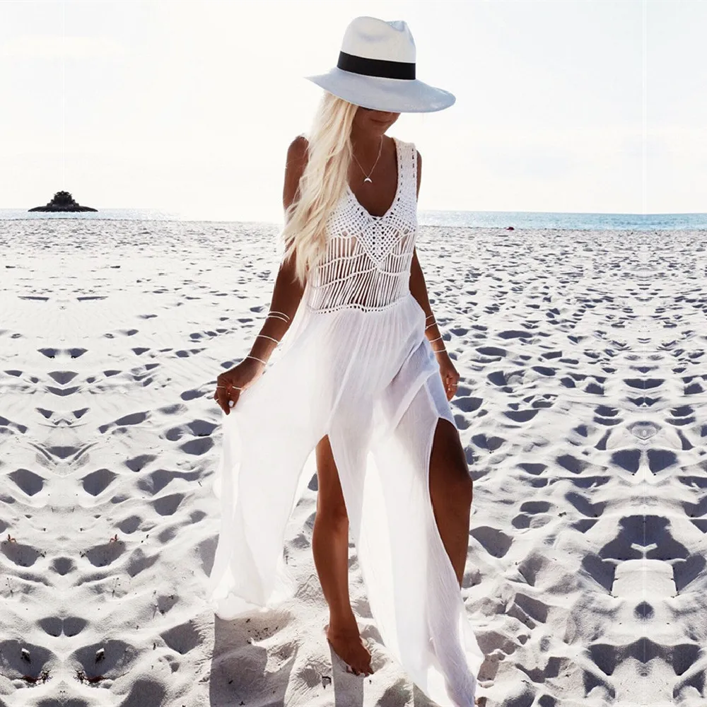 Aankomst Strand Cover Up Mesh White Badmode Dameswandeling op de Sexy Chiffon Zachte slijtage jurk # Q91 210420