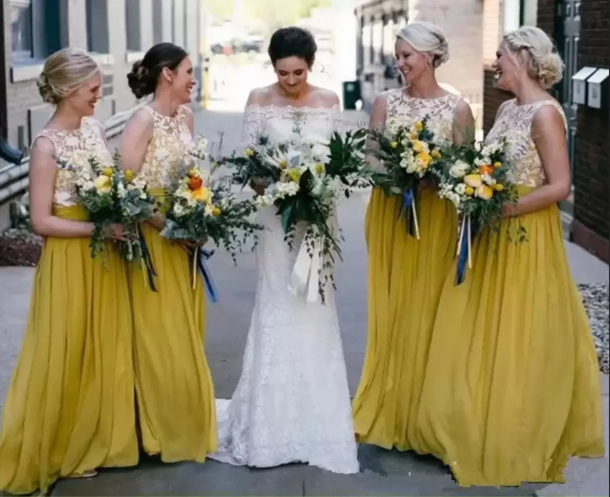 Custom-made Gold Ivory Lace mustard yellow bridesmaid dresses with Jewel Neckline, Sleeveless or Length Chiffon, Perfect for Beach Weddings and Formal