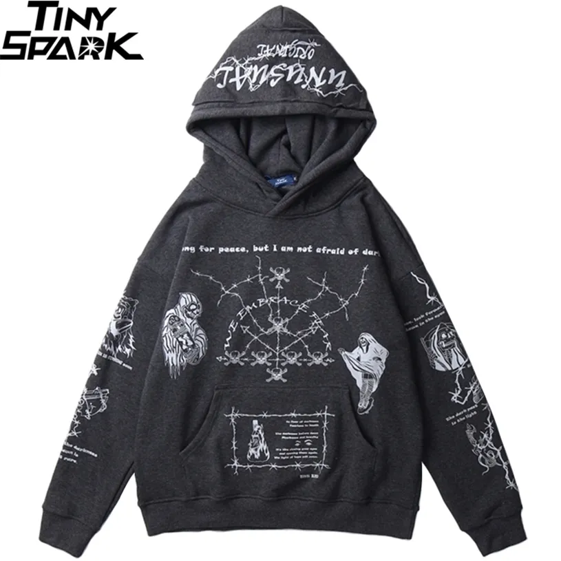 Hip Hop Sweat à capuche Sweat-shirt Hommes Streetwear Skull Graffiti Imprimer Pull Coton Automne Gris Harajuku Punk Vêtements 211229
