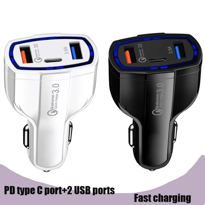 3.0 Typ C PD Fast Billaddare 7A USBC Travel Power Adapter Dual Port USB för smartphone med Retail Box TE-388