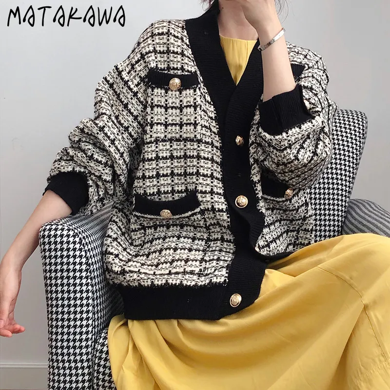 Matakawa одиночный погружной V-образным вырезом толстые женские пальто осенью свободные пленки вязаные кардиганские куртки для женщин зима 210513