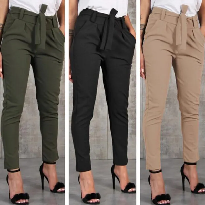 Случайные тонкие шифон тонкие брюки для женщин высокая талия черные хаки зеленые брюки женские брюки