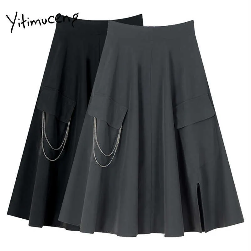 Yitimuceng Black Fickor Skirt Kvinnor Hög midja Mini Solid A-Line Spring Summer Office Lady Fashion Skirts 210601