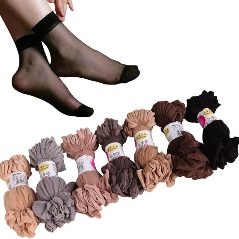 Sommar Sexig Ultrathin Transparent Crystal Silk Socks För Kvinnor Hög Elastisk Svart Nylon Kort Sock Kvinna Socken 20Pairs / Lot