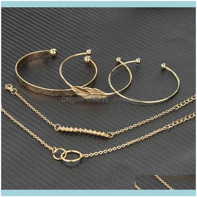 Earrings & Necklace 5Pcs/set Bohemian Gold Color Bracelet Set Moon Leaf Crystal Opal Open For Women Punk Boho Beach Bangle Bracelets