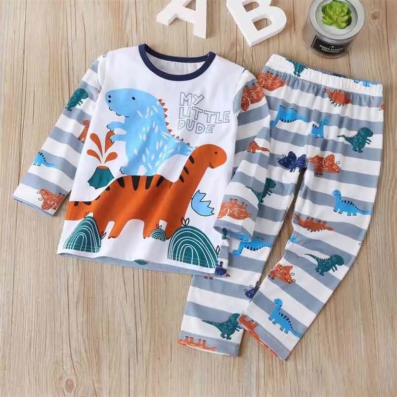 Autumn Children Sets Fashion Boys Long Sleeve O Neck Print Cartoon T-shirt Stripe Pants Cute GIrls Clothes 18-24M 210629