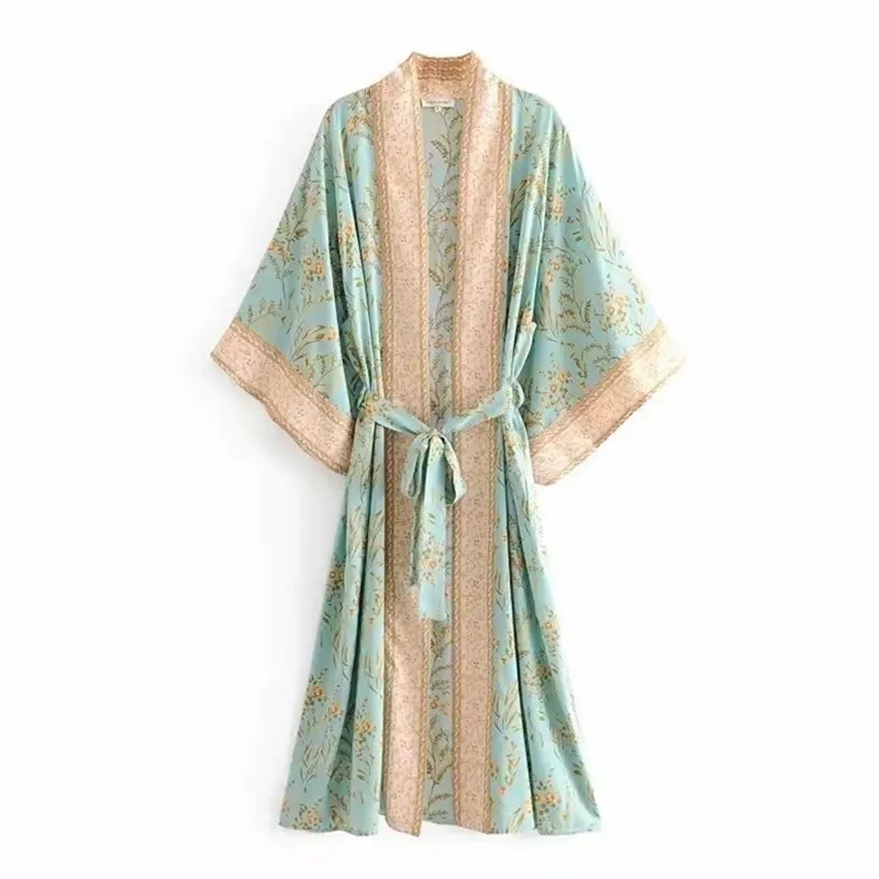 Flatshinling Print Floral Beach Kimono Купальники с головками хлопка тонкий Богемский праздник длинный кардиган Sexy Green Cover-Up Sale 210722