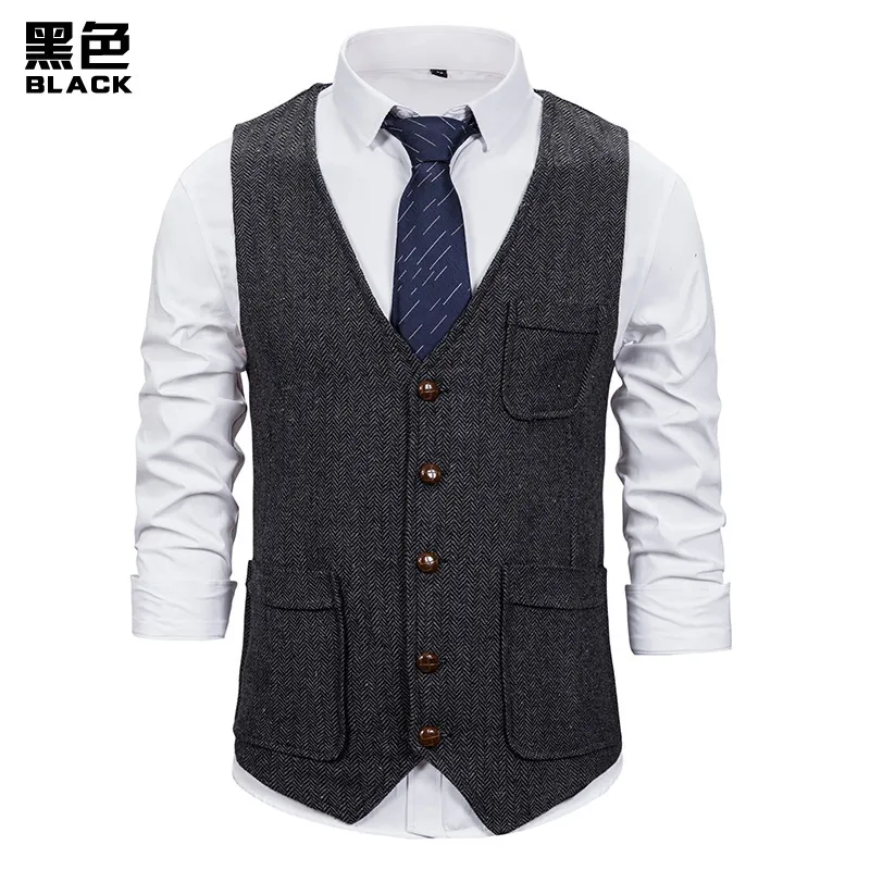 Herringbone Tweed Mens Waistcoat Formal Business Casual Slim Fit Vests for Wedding Party Men Gilet Suit Vest Hombre Retro Coat 210524