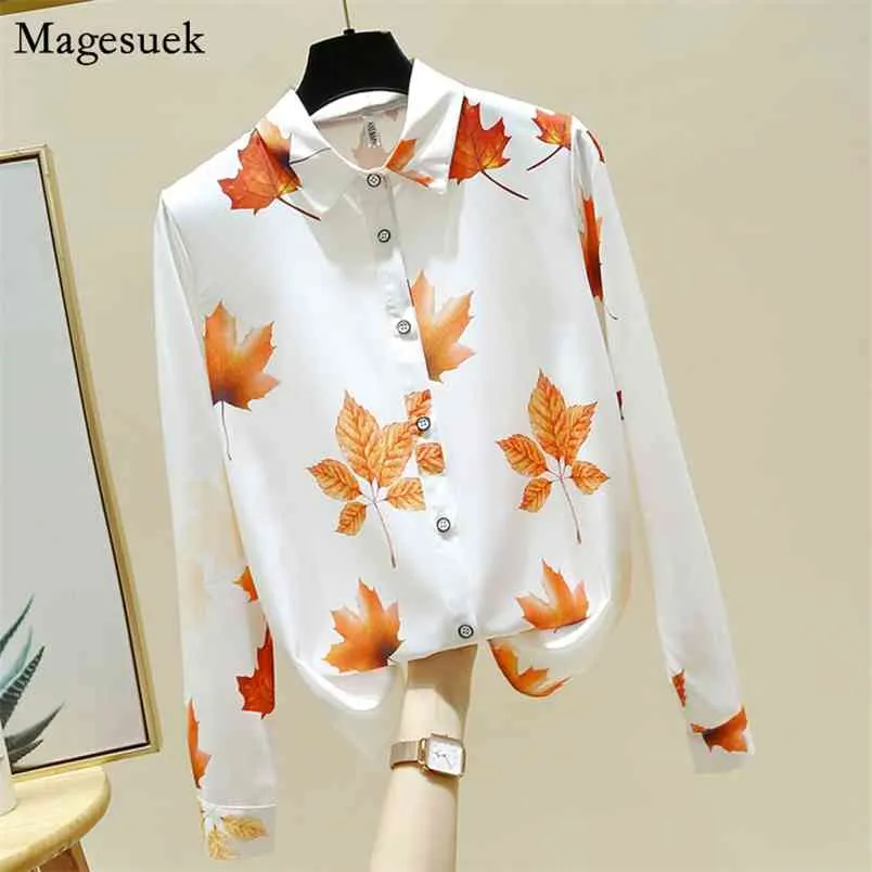 Höst Maple Leaf Print Långärmad Top Kvinnor Koreanska Plus Storlek Chiffon Blouse Lapel Cardigan Shirt Blusas 11514 210512