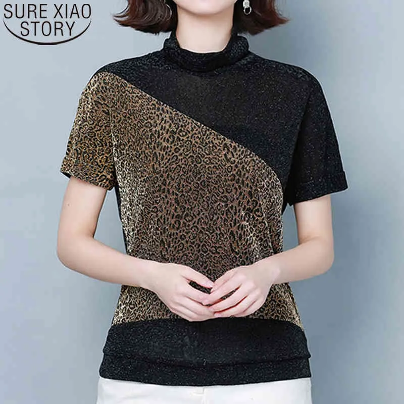 Primavera Mulheres Moda Gold Leopard Imprimir Blusa Curta Turtleneck Bat Sleeve Fio Brilhante Camisa 12852 210417