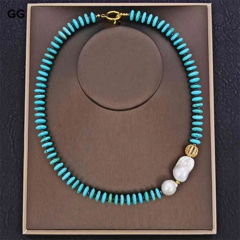 GuaiGuai Jewelry Freshwater Cultured White Keshi Pearl Blue Disc Turquoises Gems Stone Necklace 20"