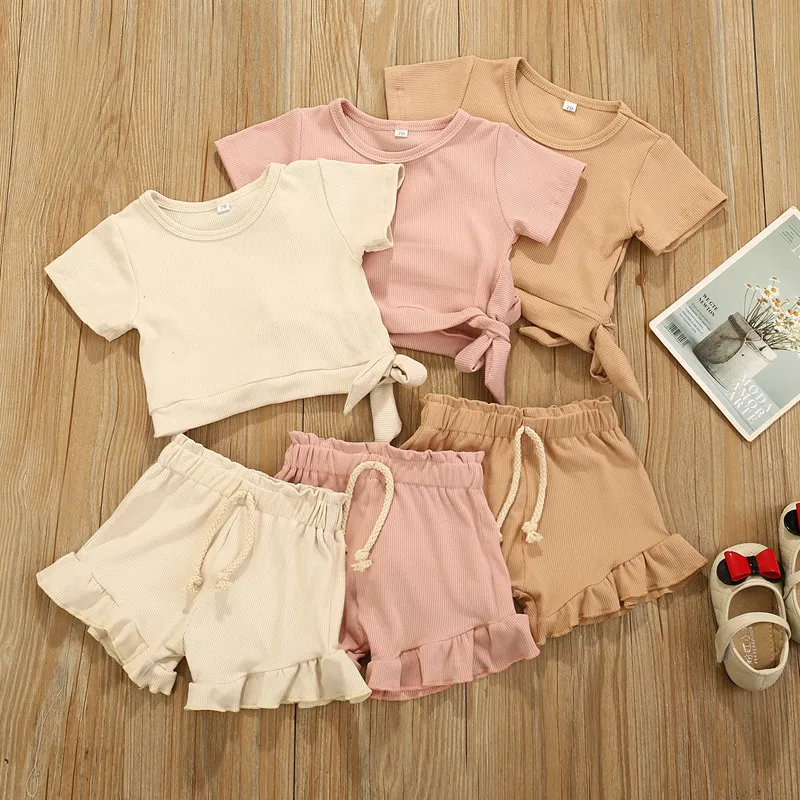 Sommar Barnkläder Set Baby Girls Round Collar Shirt Bowknot Cotton Tops + Lace Shorts 2st / Set ZYY897