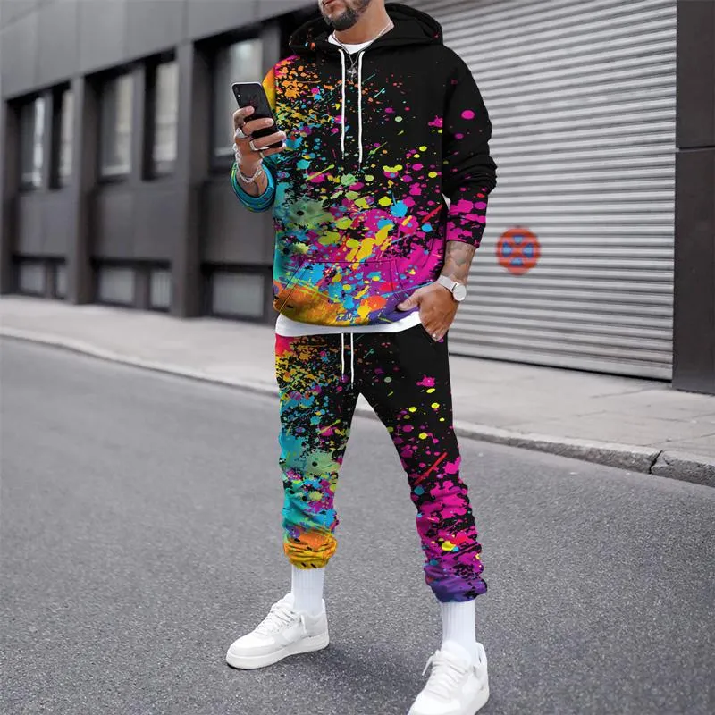 Men's Tracksuits Autumn Winter Sportwear Trend Men 3D Ink Brand Printed Oversized Clothes Casual Suit Hoodies Joggers Set