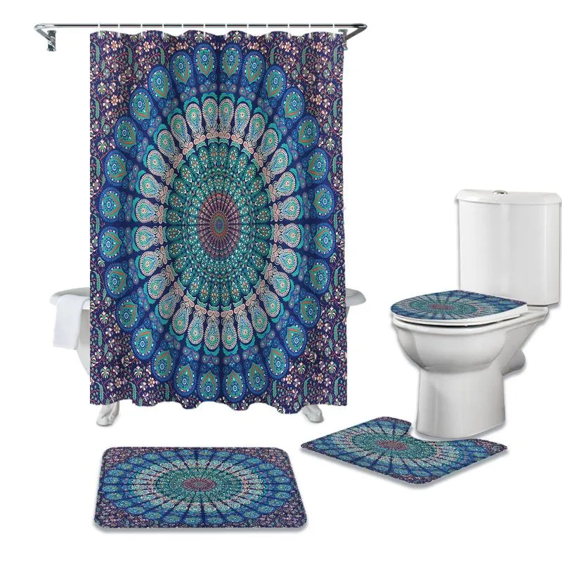 Duschgardiner 4st/set rund blommönster tryck gardin vattentätt badrum toalett täckmatta icke-halk matta set badkar dekor