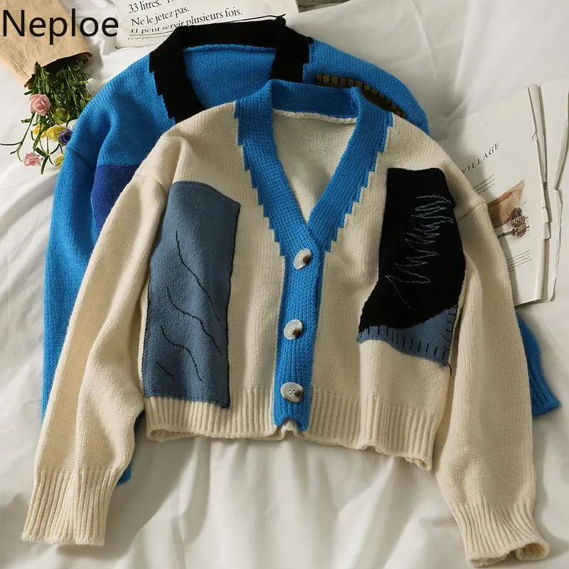 Women's Knits & Tees Neploe Cropped Cardigan Tops Fall 2021 Women Clothing Contrast Color Knitted Sweater Coat Casual Sueter Mujer Korean Pu