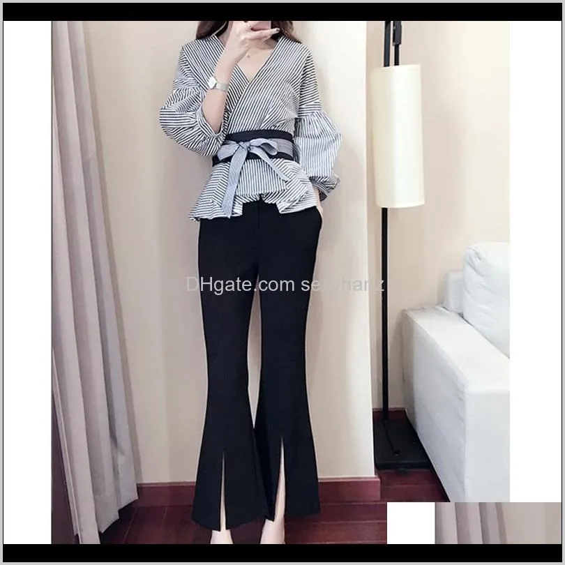 women`s pants set small fragrance style two-piece striped puff sleeve shirt flare spring and autumn 2021