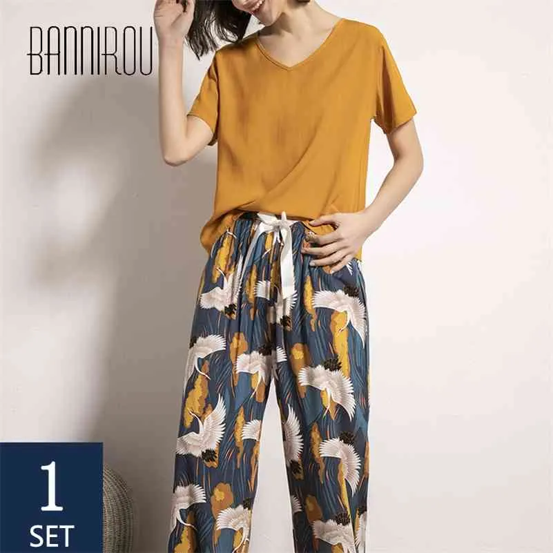 Bannirou Женская домашняя одежда Pajamas для женщин Pijama наборы 2 шт. Pajamas набор 100% в вискозной пижаме Женский ночной костюмы 210330