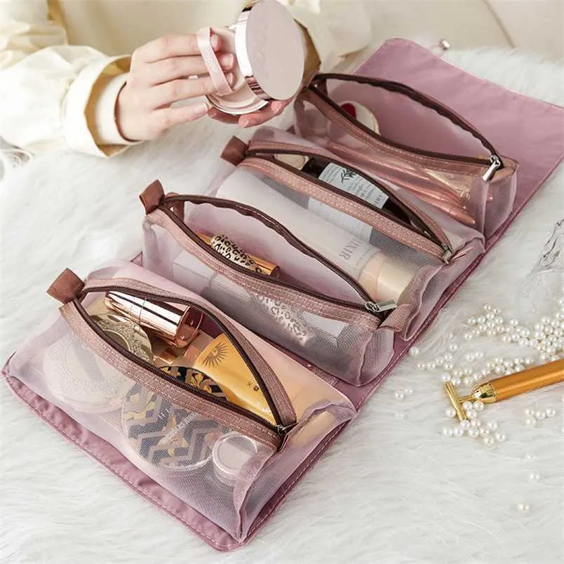 Cosmetic 1 4PCS Bag in For Women Zipper Mesh Separable Cosmetic Pouch Ladies Pieghevole Nylon Bag Corda Makeup Bag Kosmetyczka 202211