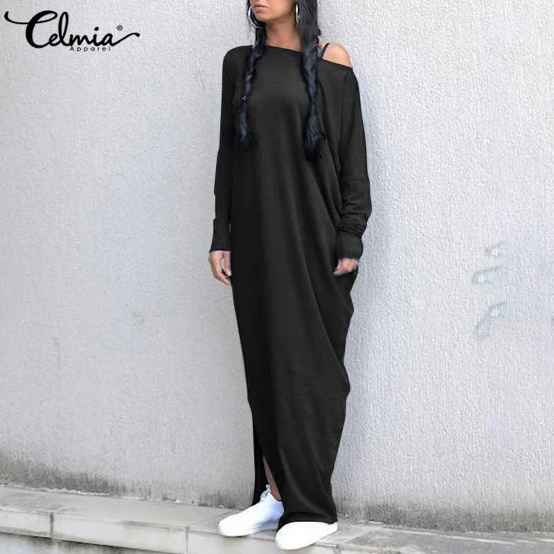 Celmia grande taille Robe longue femmes Sexy épaule froide Maxi automne 2021 manches solides décontracté ourlet fendu Robe 5XL robes