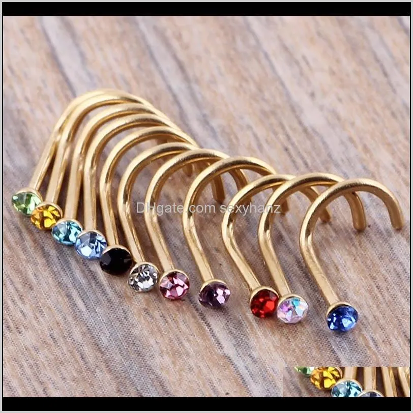 mix colors rhinestone nose studs screw ring bone bar body piercing jewelry gold silver nose pin