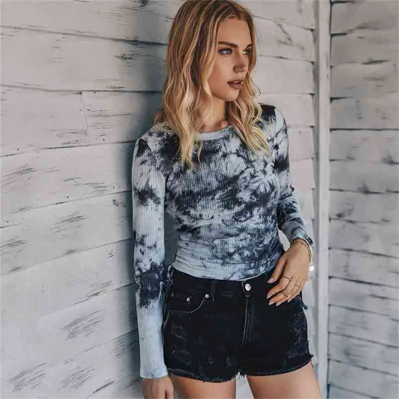 Damen Herbst und Winter Print lässig O-Ausschnitt T-Shirt Damen Slim-Fit Mode Plissee Tie-Dye Langarm weiblich 210508