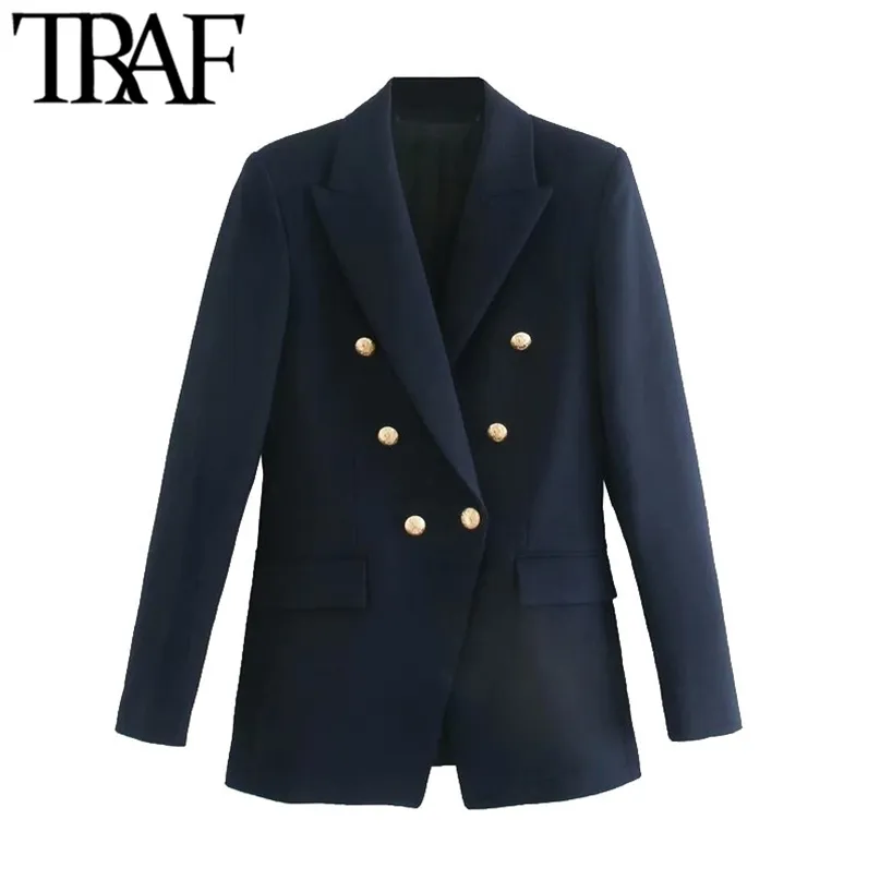 TRAF Women Fashion With Metal Buttons Blazers Coat Vintage Long Sleeve Back Vents Female Outerwear Chic Tops 211122