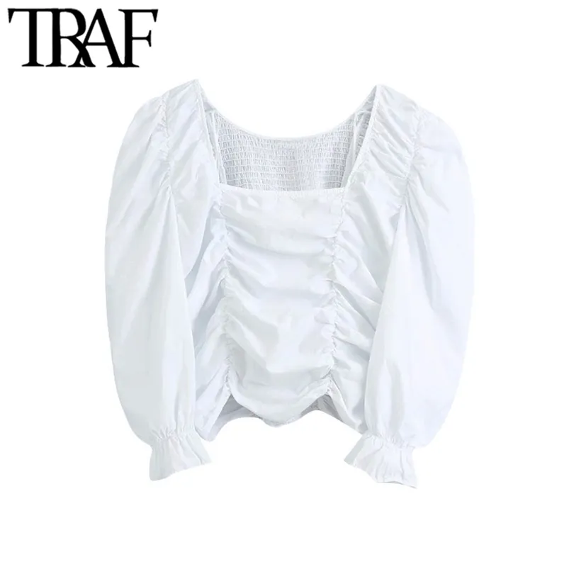 Женщины мода эластичный ударил вздохнутые подрезанные блузки старинные квадратные воротники фонарика женские рубашки шикарные вершины 210507
