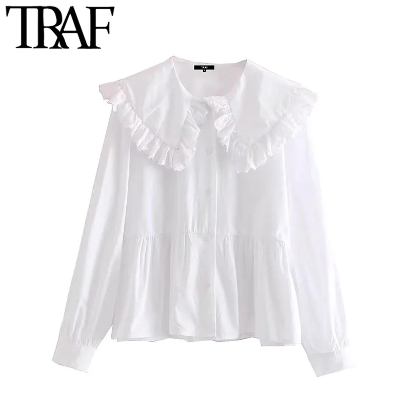 Femmes Sweet Fashion avec Peter Pan Collier volé Blouses Vintage Bouton à manches longues à manches longues Chemises féminines Chic Tops 210507