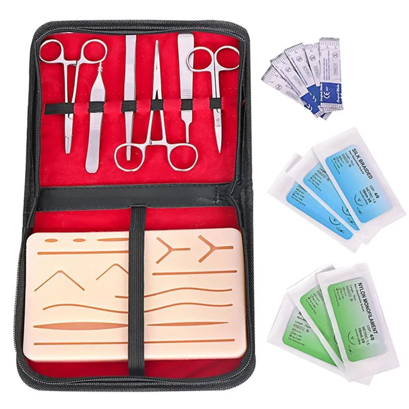 Tampon en silicone pour la pratique de la suture de la peau avec kit de formation simulé de plaie Matériel pédagogique Aiguille Ciseaux Kits d'outils Notions de couture Outils