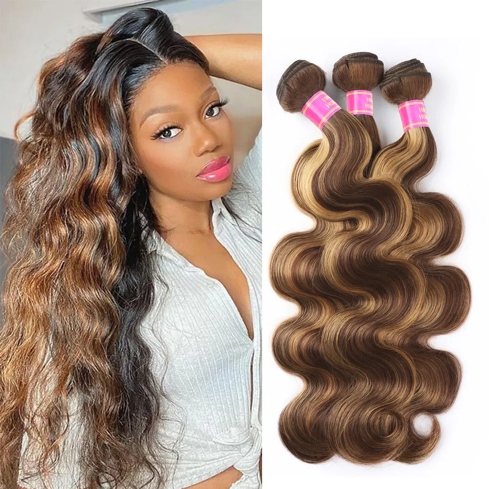 Brazilian Ombre 3 Bundles Body Wave Människohår P4/27 Brun med Highlight Color Remy Weaves 100g/st