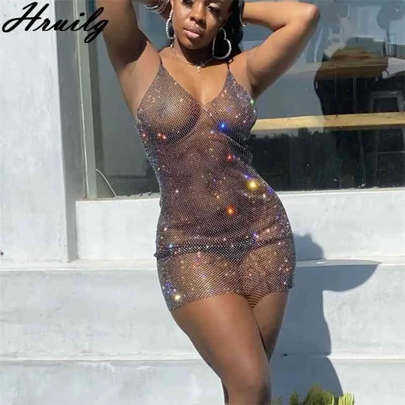 Robe sexy pour sexe maille voir à travers la robe de soirée à bretelles spaghetti femme Sparkle élégante mini robe d'été pour les femmes Night Club 210331