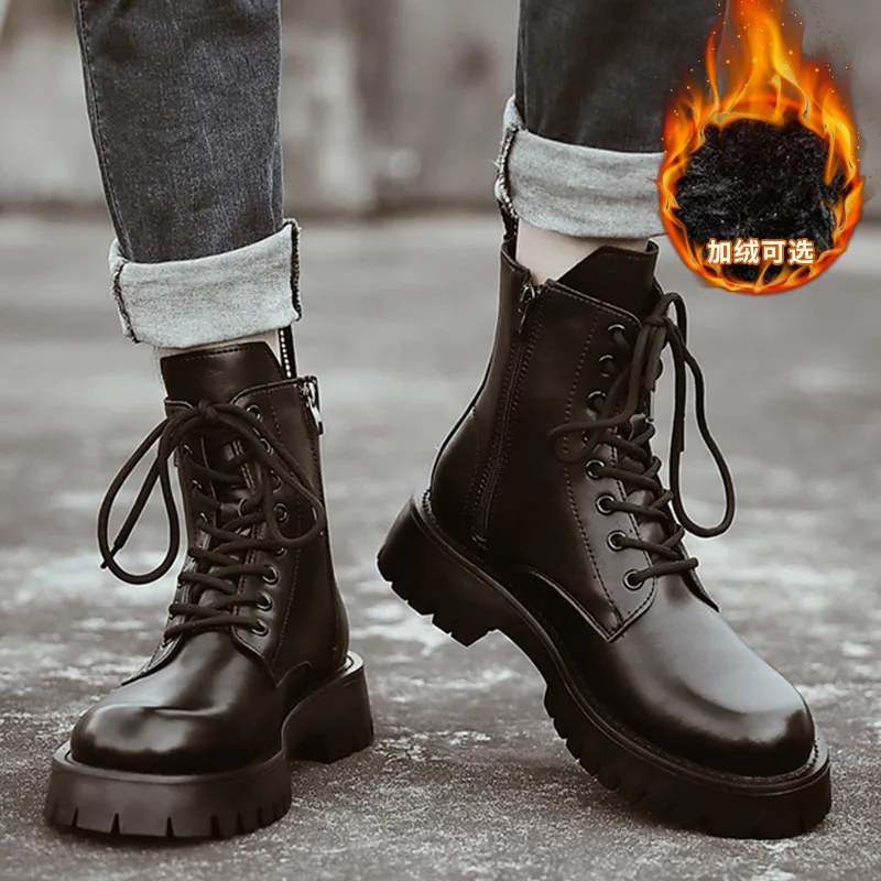 2022 New Men's Martin Boots Warm Plus Velvet Black Leather Boots British Style High-top Work Shoes Autumn and Winter