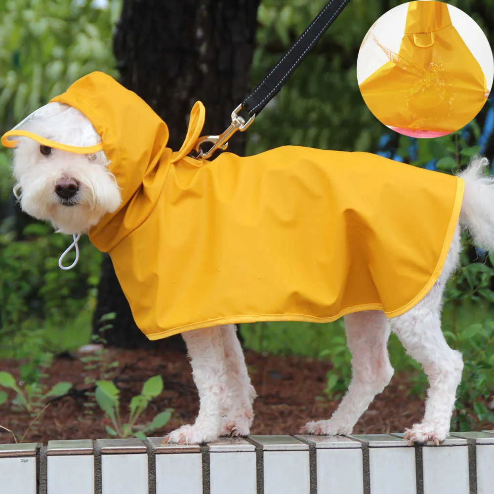 Hooded Waterproof PU Dog Raincoat for Small Medium Big Dogs Outdoor Soft Pet Cat Rainwear Cute Yellow Puppy Rain Coat Pug Teddy 211007