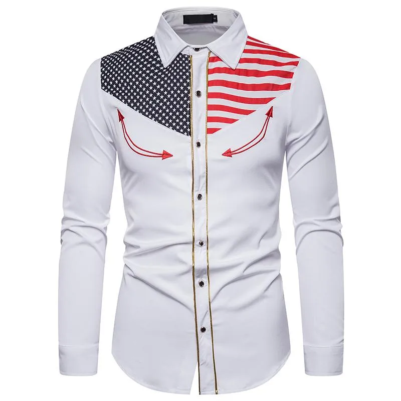 Men's Casual Shirts PUIMENTIUA 2021 Western Cowboy Embroidered Shirt American Flag Button Down Slim Fit Long Sleeve224J
