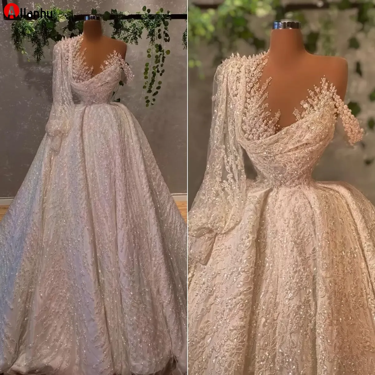 2022 arabiska plus storlek spets bröllopsklänningar brudklänningar beading långärmad kristall en axel sequined vestidos de novia wjy591