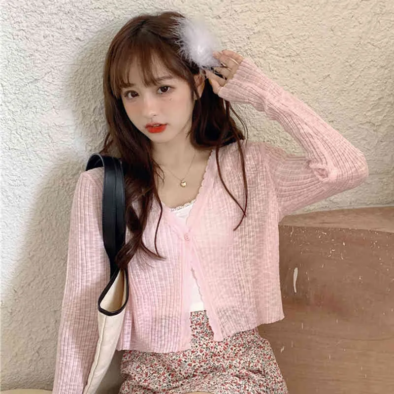 Lucyever koreanska söta v-neck stickade cardigan kvinnor sommar solskyddsmedel långärmad kort skjortor kvinna solid färg tunn cool skjorta 210521