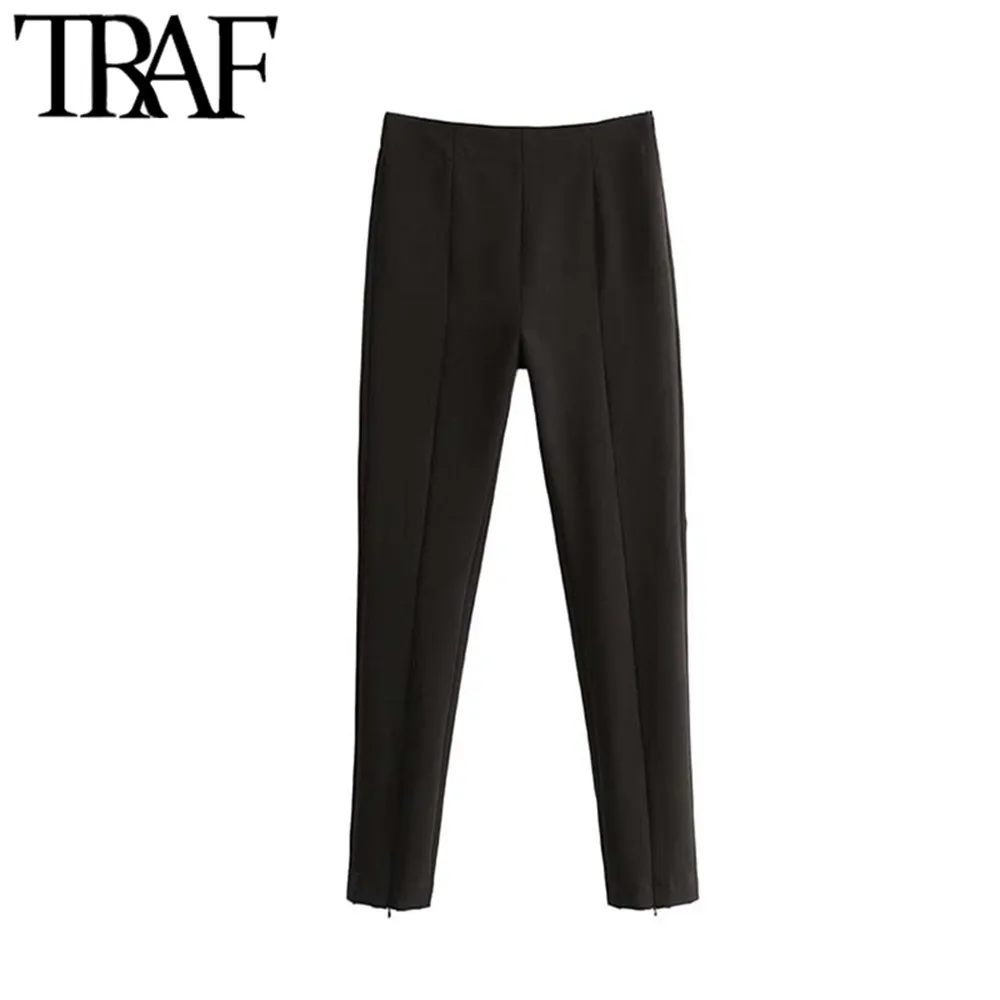 TRAF Dames Vintage Stijlvolle Kantoor Dragen Hoge Taille Skinny Broek Mode Side Zipper Vrouwelijke Enkellebroek Pantalones Mujer 210415