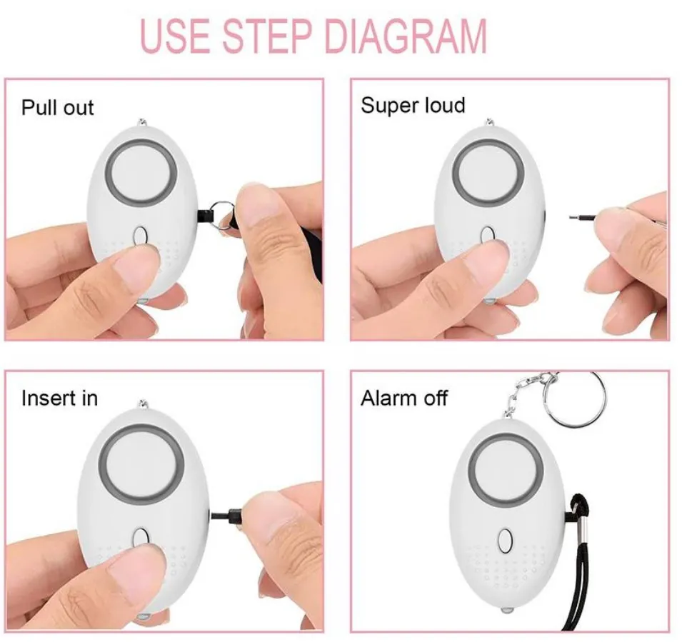 개인 알람 130dB 계란 모양 비상 자체 ​​방어 보안 알람 보호 경고 LED 조명으로 큰 키 체인