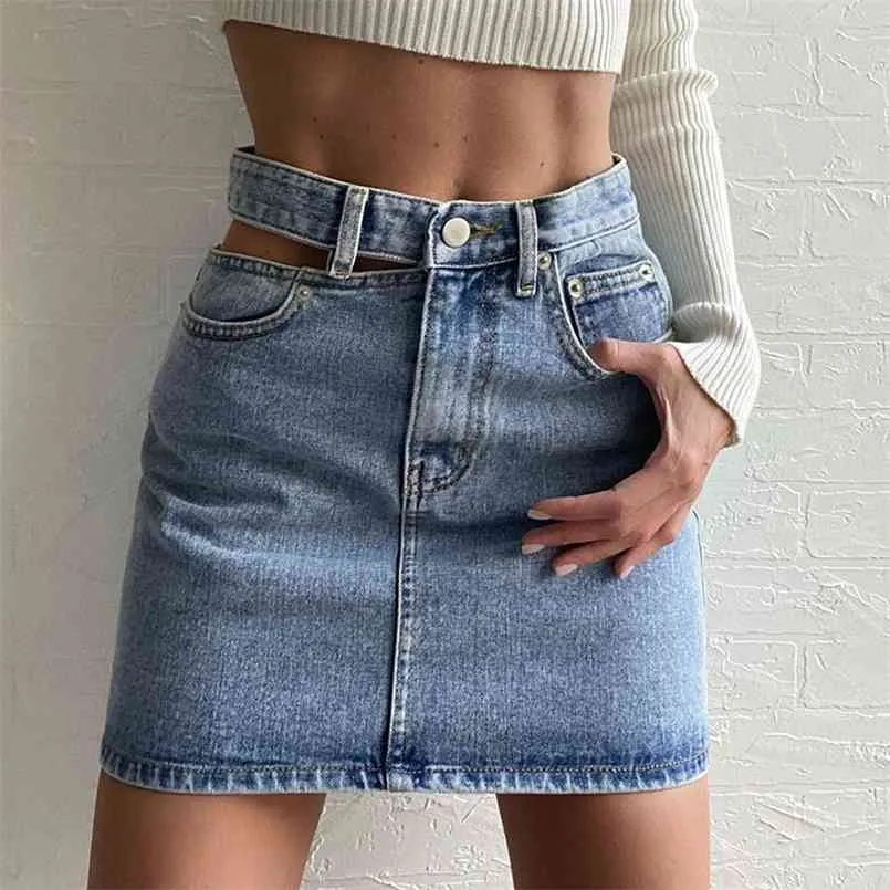 Hollow Washed Denim Skirt Woman High Waist Asymmetric Button Short Female Fashionable Streetwear Summer s 210708