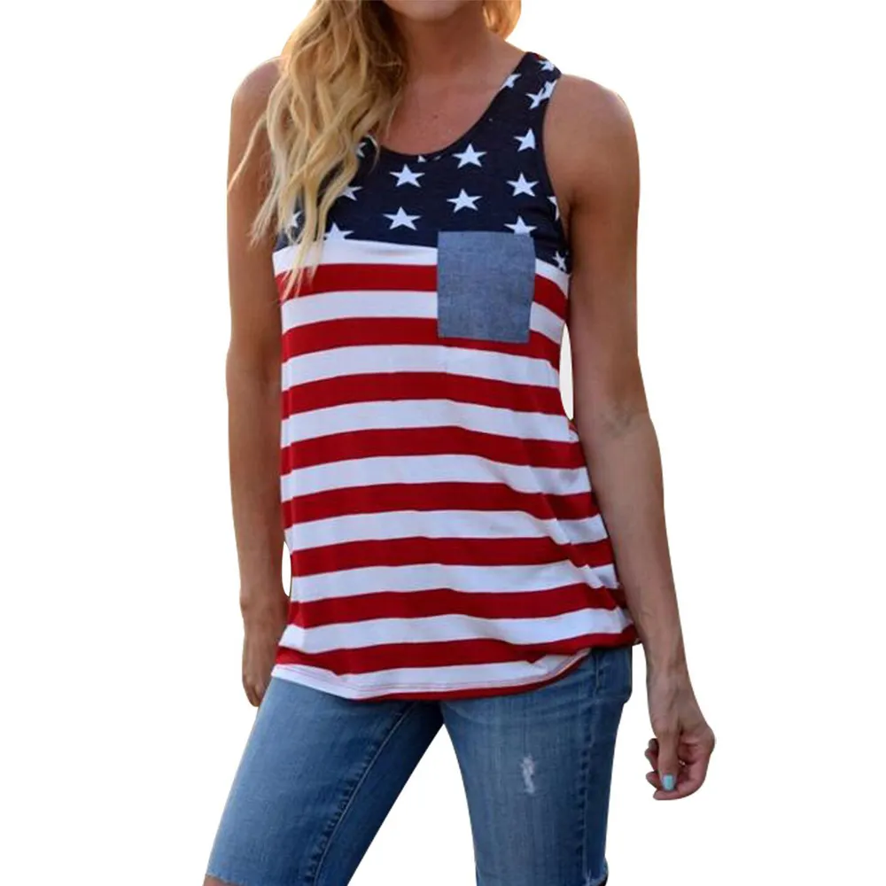 Women Tank Tops Casual Contrast Color Stripes Star Printed Spliced Sleeveless Summer Female Off Shoulder Pocket Loose Vest Tops 210507