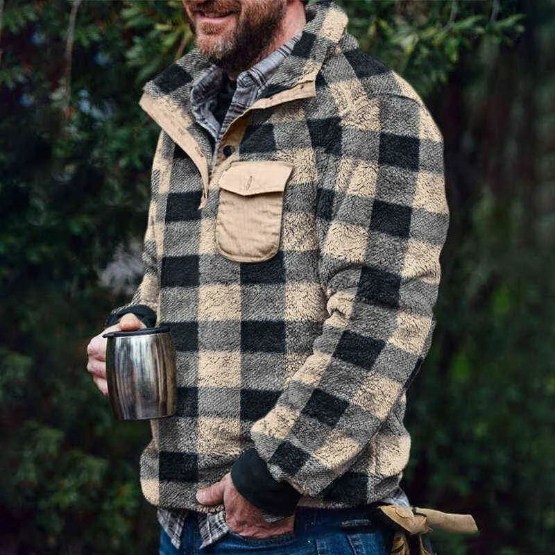 Mens Plaid Woolen Jumpers Warm Long Sleeve Flannel Sweater With
