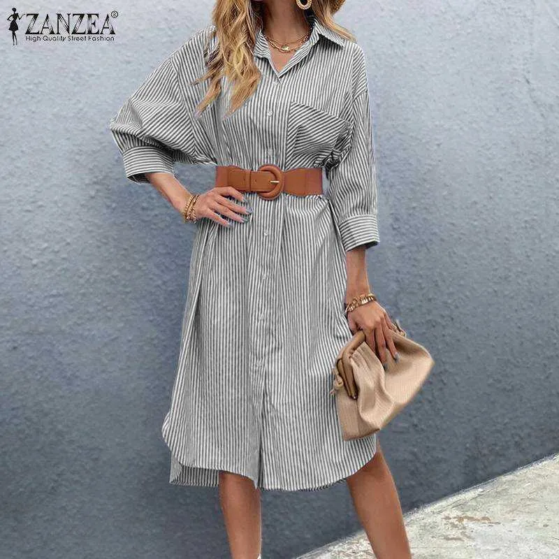 Femmes rayé imprimé Vestidos 2021 automne revers OL Robe Femme mode féminine robes élégantes surdimensionné ZANZEA Midi chemise Robe Y1006