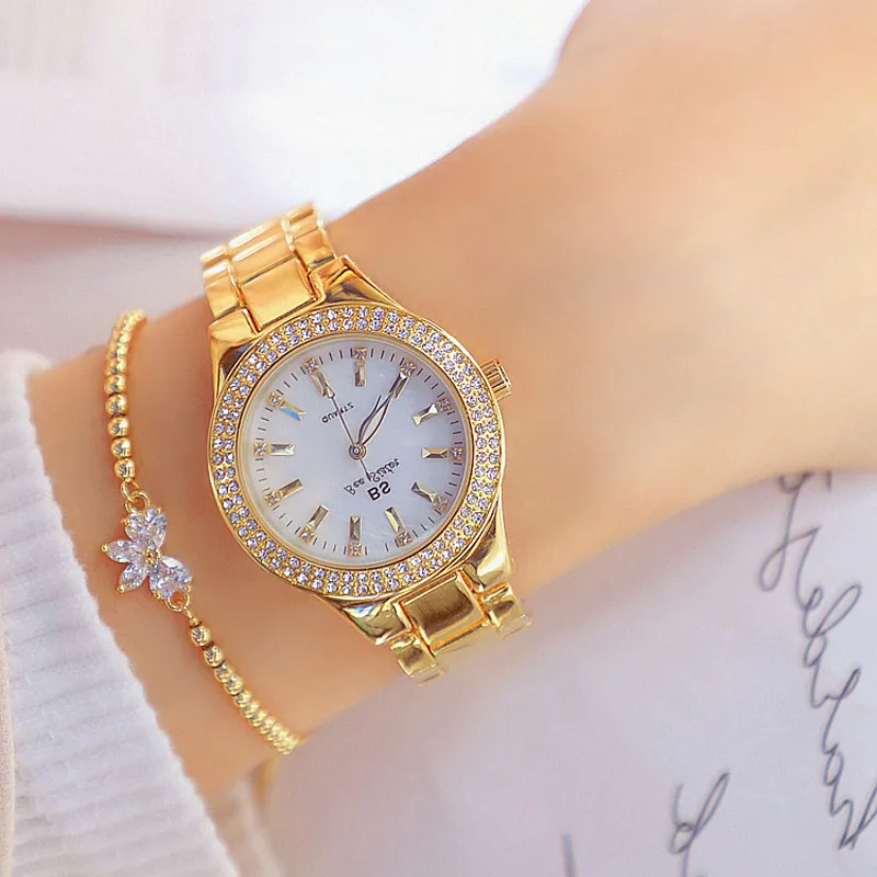 여성 석영 운동 시계 레이디 손목 시계 금과 크리스탈 스테인리스 스틸