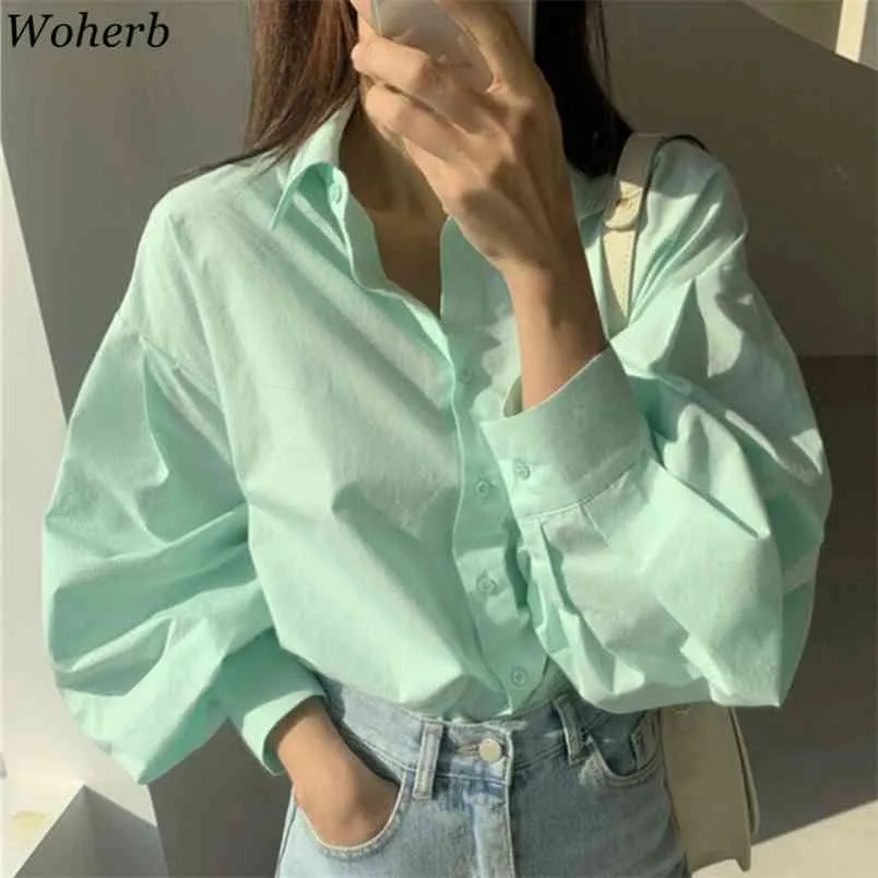 Camicetta da donna Primavera coreana Verde menta Top monopetto Abbigliamento donna Camicia a maniche lunghe a lanterna Camicette Blusas Mujer 210519