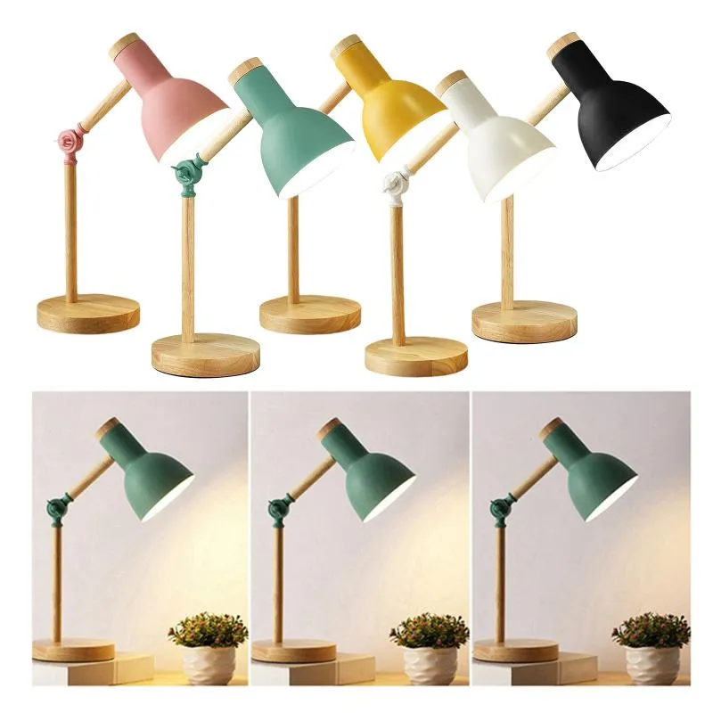 Lampes de table élégantes fonte en bois LED Multi-articulation Lampe de lecture Light Flexible 3W Nordique Pliage Bureau Protection des yeux