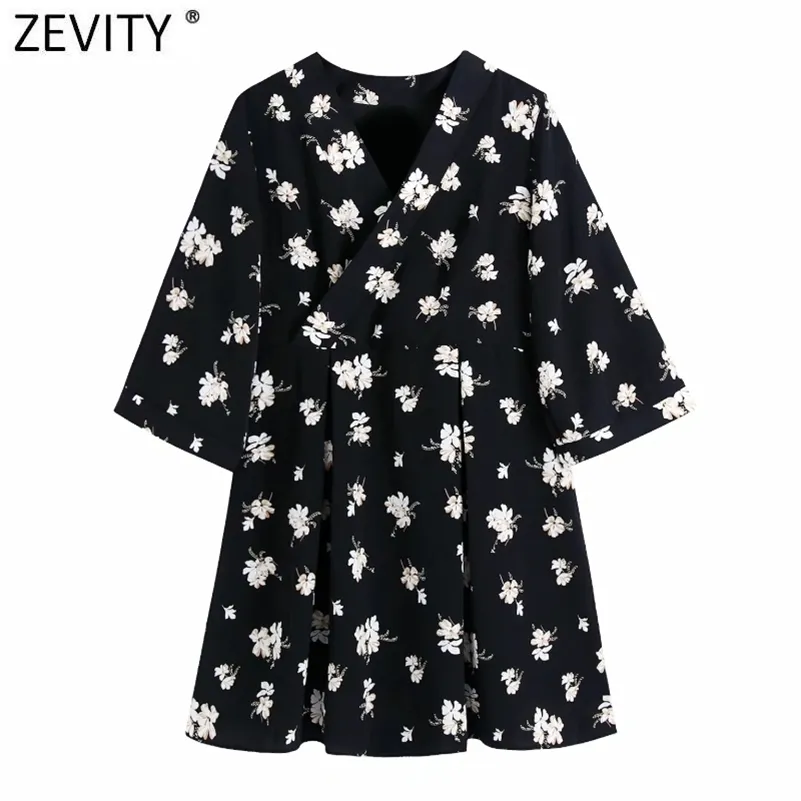 Women Vintage Cross V Neck Floral Printing Casual Back Mini Dress Female Chic Japanese Design Kimono Waist Vestido DS8262 210416